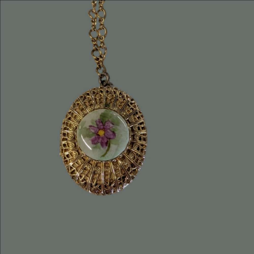 Vintage N Locket Pendant  Necklace Floral Design Bohemian Cottagecore
